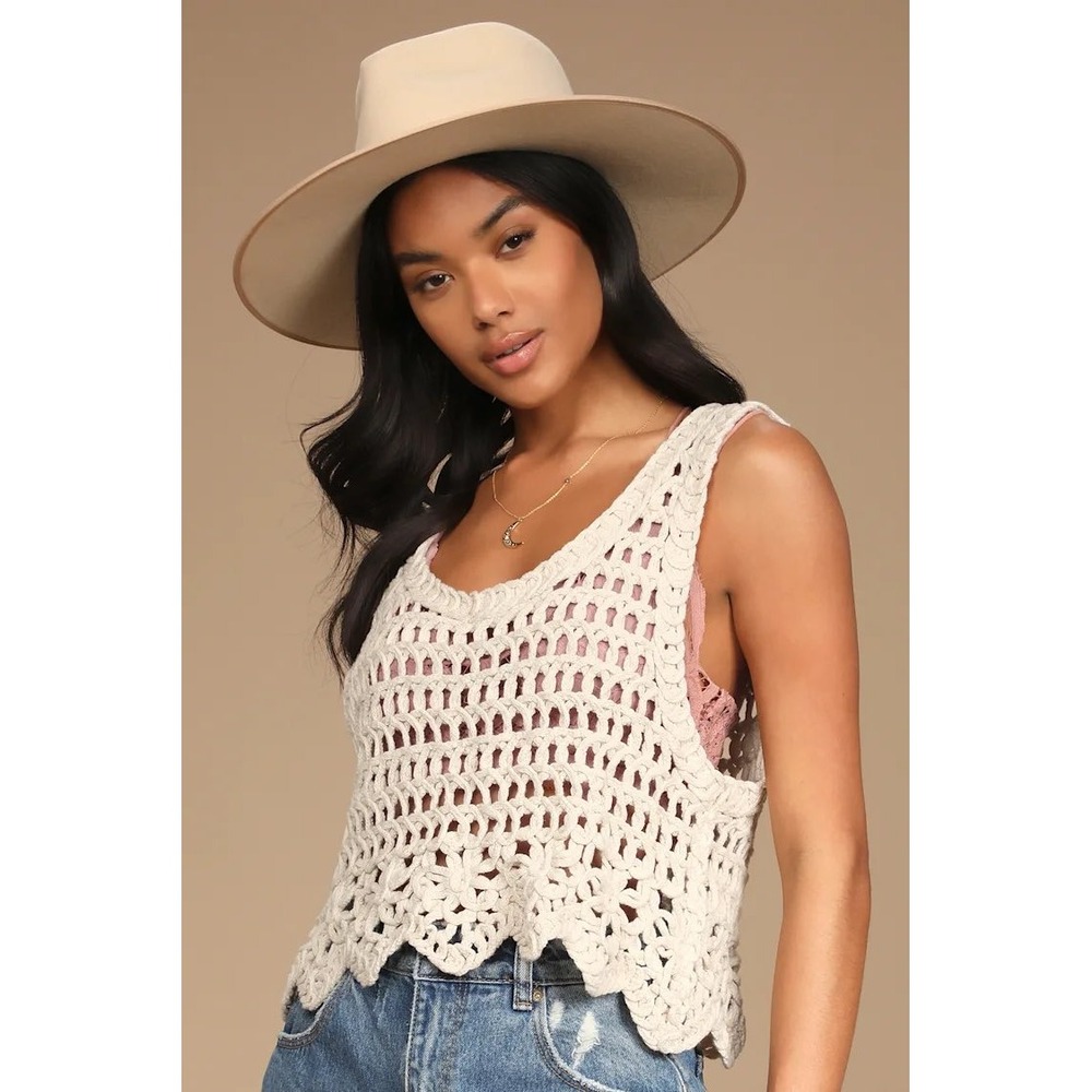 Lulus Weekend Festivals Crochet Cropped Tank Top, Beige Large Boho Hippie 70s - Picture 15 of 16